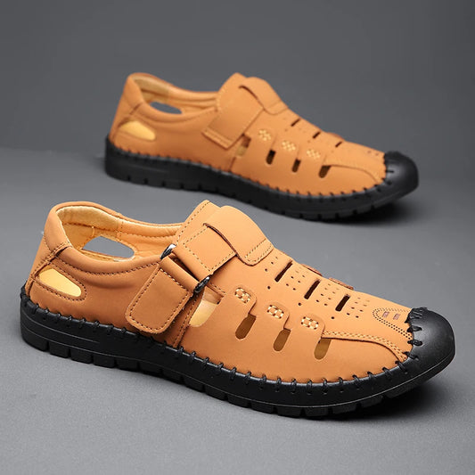 Men's Summer Hollow out Comfortable Breathable Slip-On Leather Shoes Anti-Slip Soft Bottom Outdoor Casual Loafers-1375
