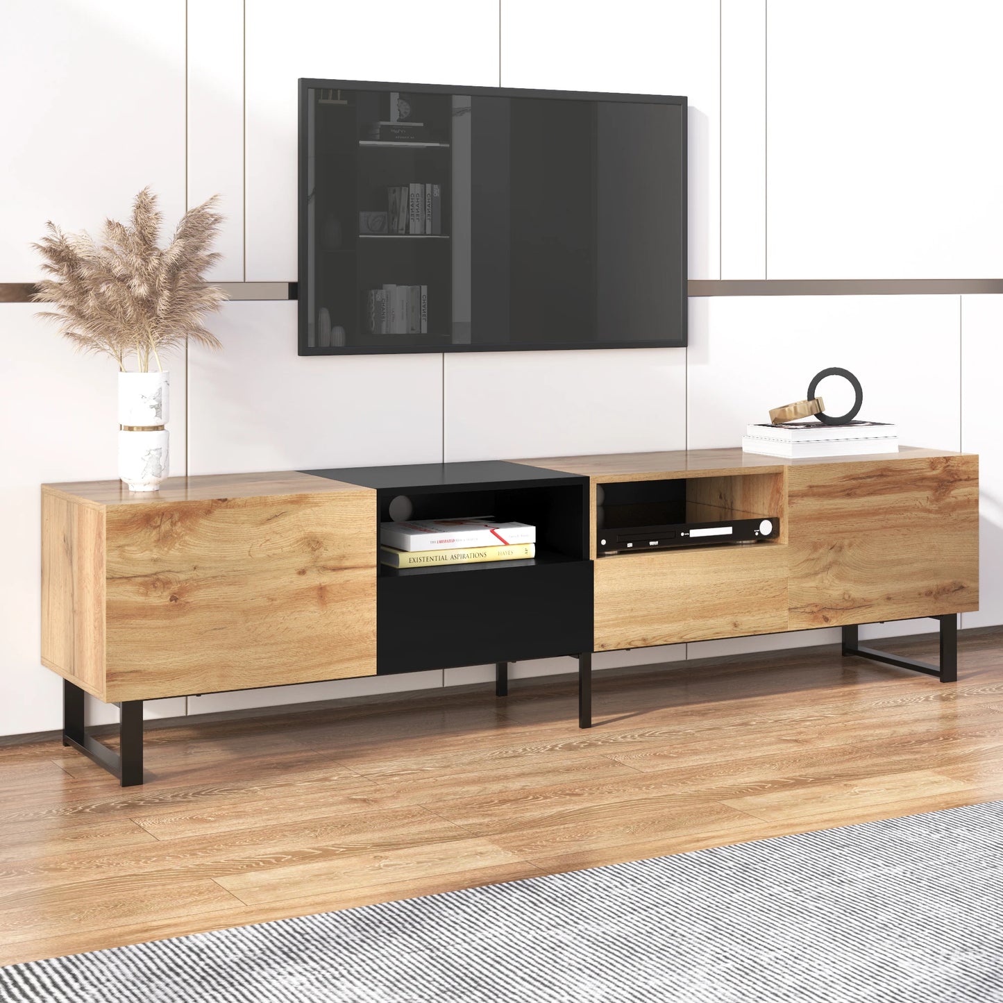 PINGGO Modern Minimalist TV Cabinet Large Capacity Storage Cabinet With Doors And Drawers Wood Grain Design TV Media Console