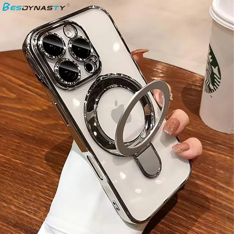 Luxury For Magsafe Bracket Case For iPhone 17 Air 16 Pro 15 14 13 12 11 Pro Max Magnetic Ring Stand Holder Clear Soft Cover
