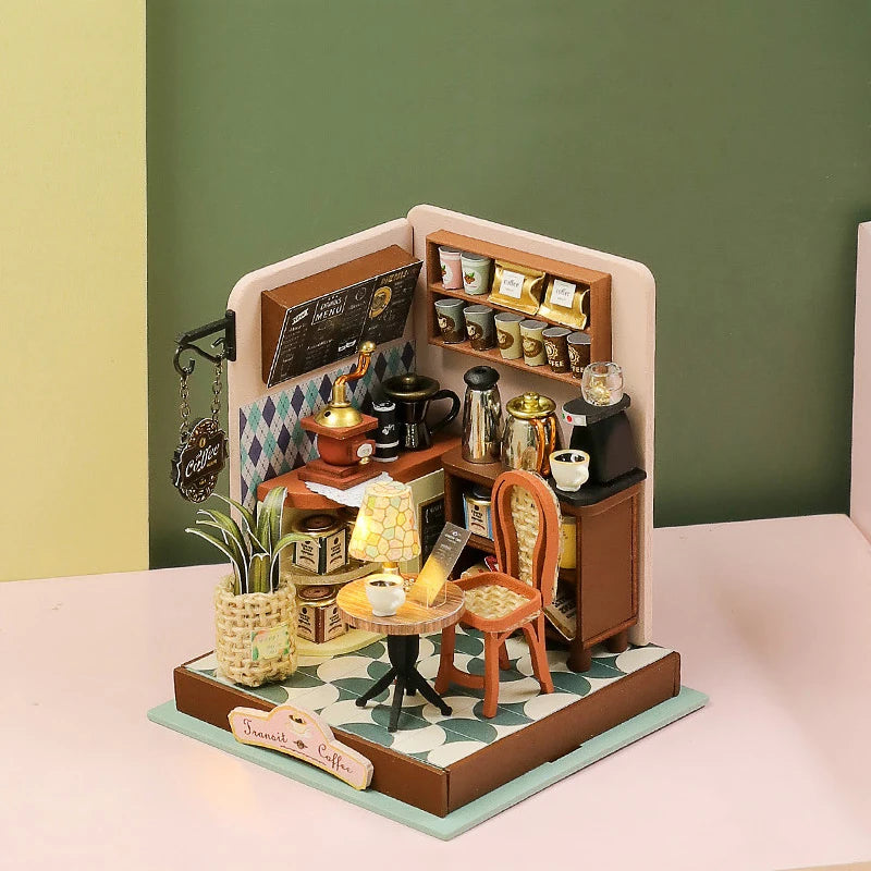 3D Puzzles Wooden Coffee Shop Mini Dollhouse Kit DIY Handmade Assembly Building Dollhouses Toys For Kids Birthday Gifts