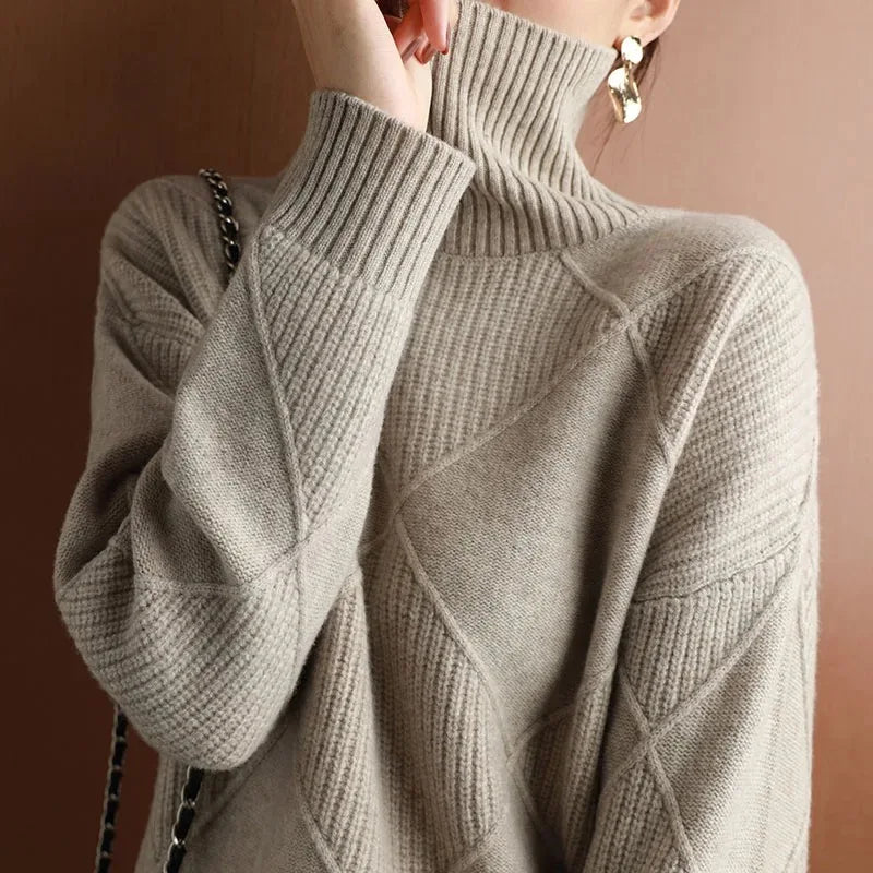Autumn and Winter New Women's Pullover Sweater Thickened Warmth Fashion Knitted Wool Sweater High Collar DF4845