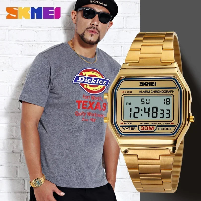 SKMEI Digital Sports Watch for Men Luxury Stainless Steel Electron Waterproof Mens Wristwatches Clock 1328 Reloj Hombre 1123