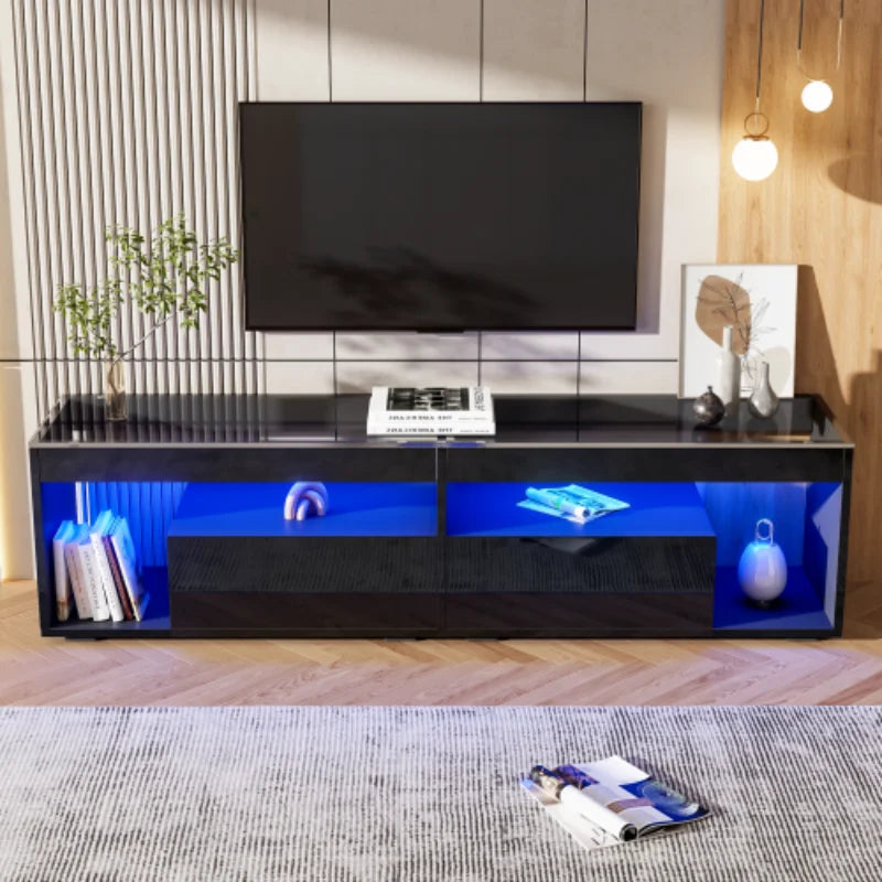 High Gloss TV Stand with 2 Drawers,glass tabletop,TV Cabinet Storage Sideboard with LED lights,open storage,Holds TVs up to 80"