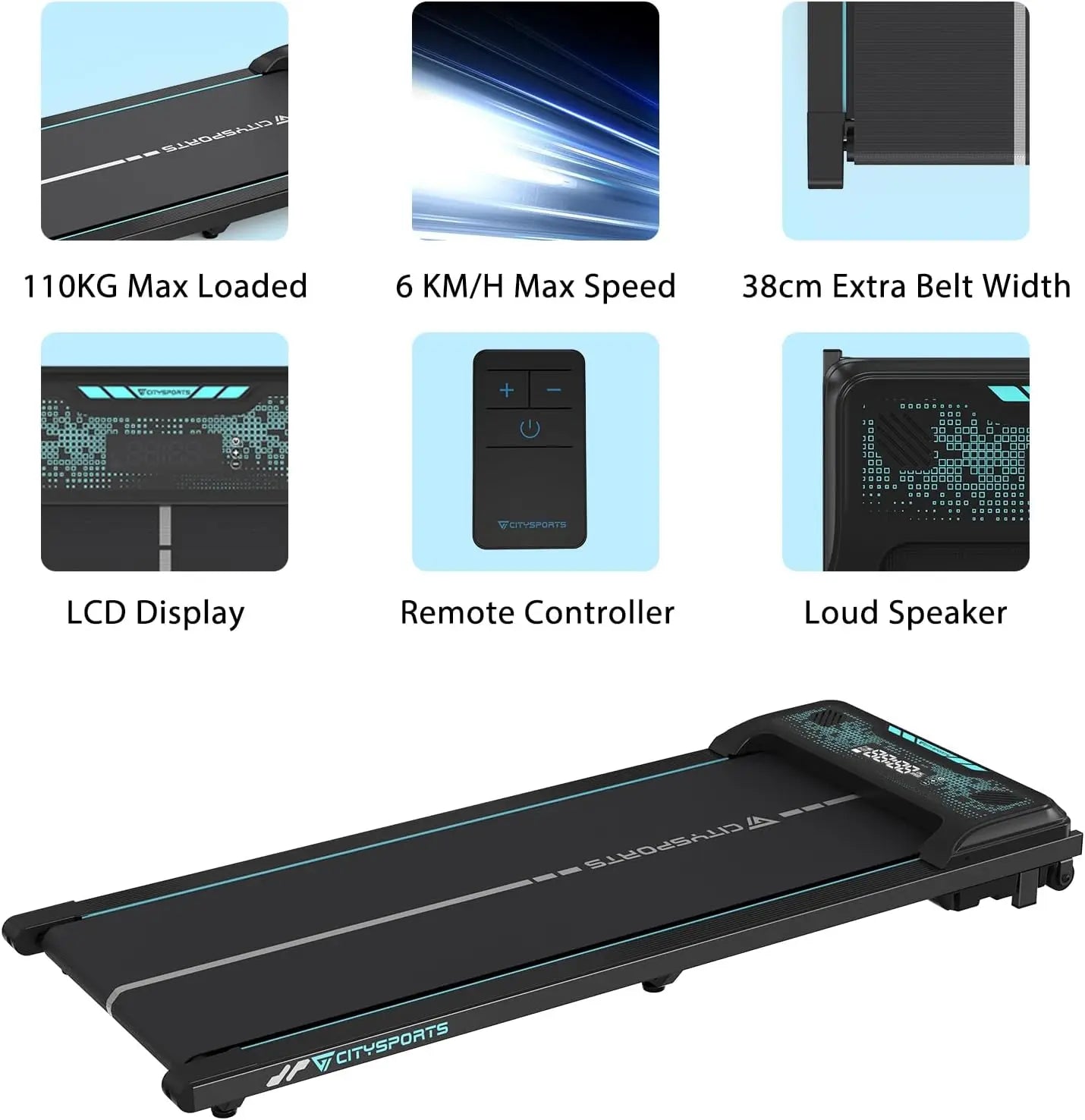 CITYSPORTS PRO Treadmi, Walking Pad Treadmill, Bluetooth, Compact Treadmill with LED Display for Home/Office, 6 km/h