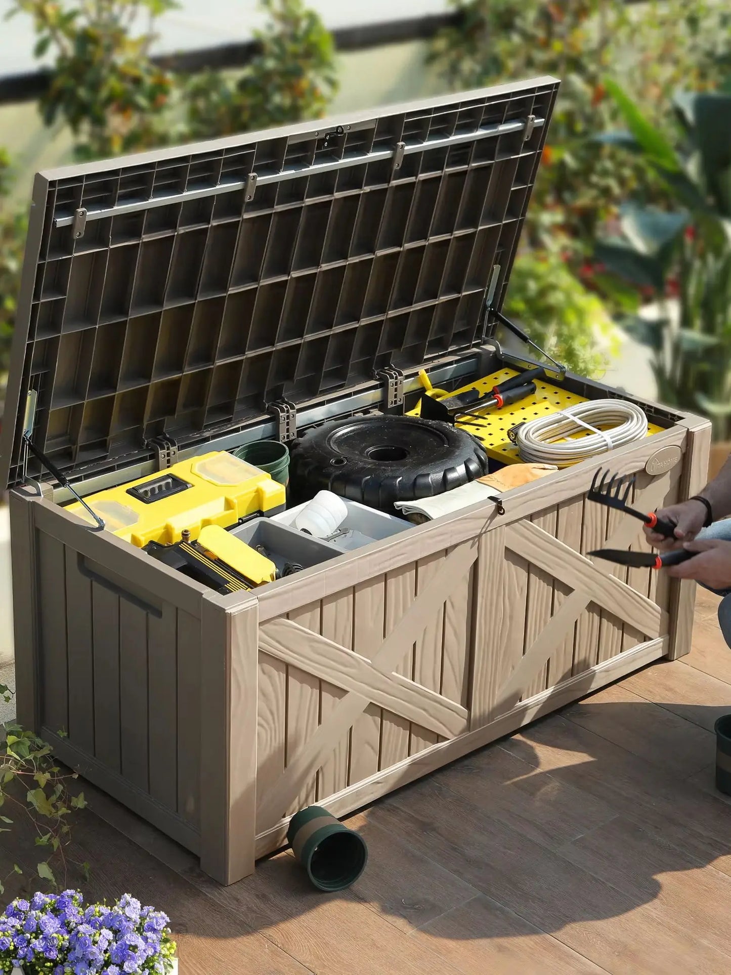 450L X-Front Resin Deck Box, Waterproof Lockable Outdoor Storage Bench for Patio Cushions & Garden Tools