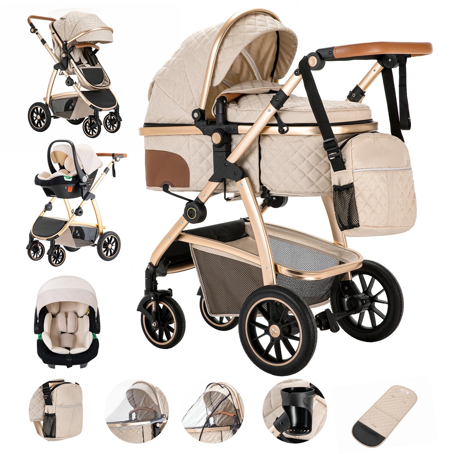 3 in 1 Prams Travel System, Pushchair with Height Adjustable Handle, Travel Pram with Mosquito Net, Baby Stroller with Aluminum