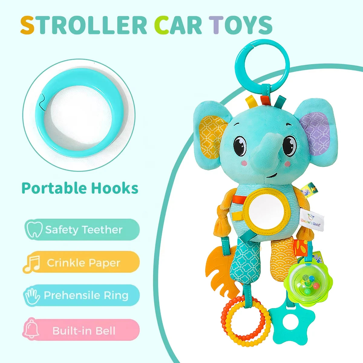 Soft Hanging Crinkle Squeaky Sensory LearningToy Stroller Car Seat Crib Travel Plush Animal Wind Chime with Teether Boys Girls