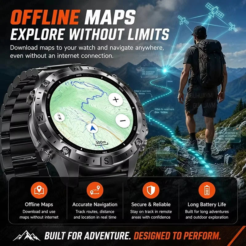 New TANK Military GPS Offline Map Smart Watch 730mAh 3 ATM Waterproof Sports Compass Heart Rate 2GB HD Bluetooth Call SmartWatch