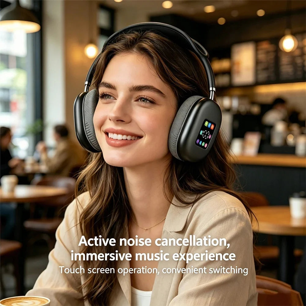 KEBIDUMEI Bluetooth 5.3 Headphones with Color Screen ANC HIFI Stereo Wireless Headsets FM Radio 3.5mm AUX Over Ear Earphones