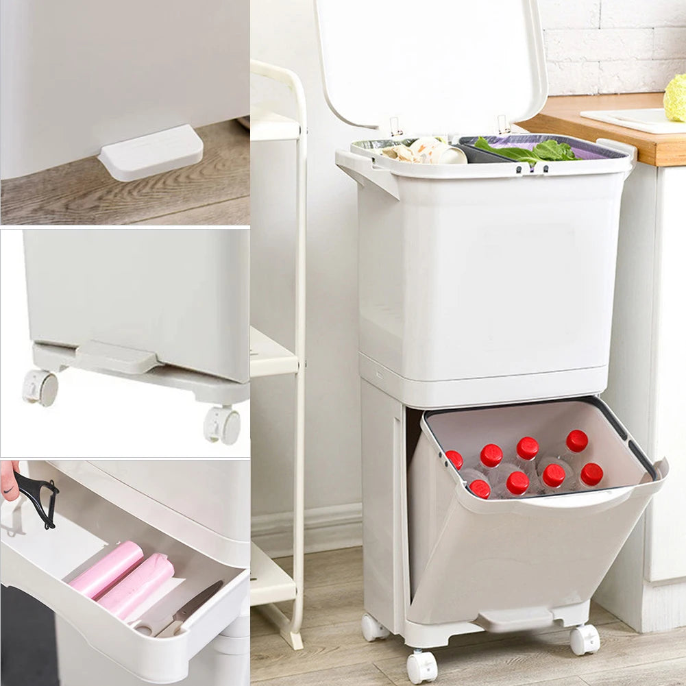 Voltsify 38L Double Compartment Trash Can with 4 Casters, White 2-Tier Design Waste Bin for Kitchen, 42x28.2x73cm