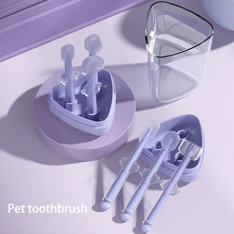 3pcs/set Pet Toothbrush Purple Cat Silica Gel Brush Clear Up Bad Breath Tartar Teeth Care Dog Cat Cleaning Mouth Dogs Supplies