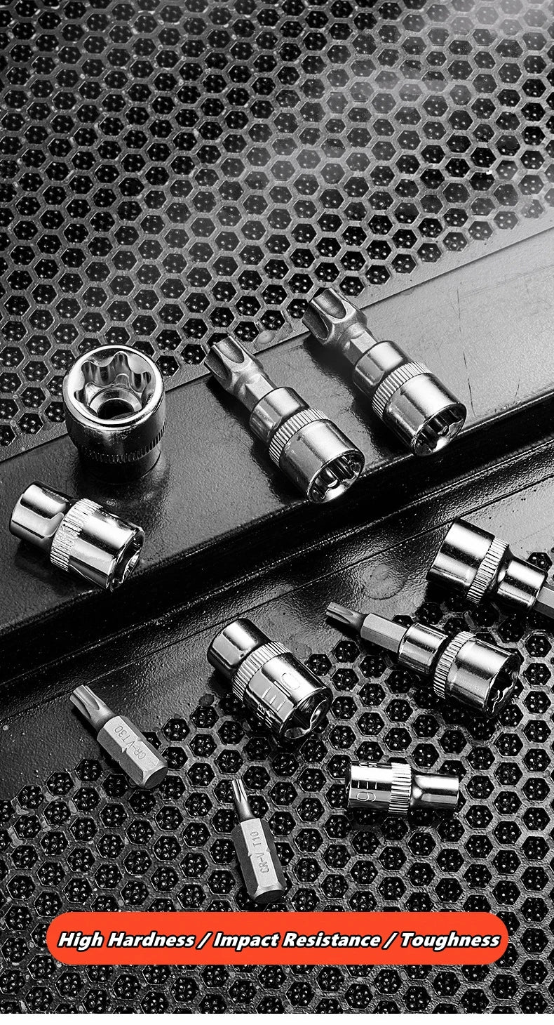 Professional 34pcs Torx Bit Socket & E-Torx Star Socket Set 1/4" 3/8" 1/2" Drive Male Female E-torx Bits Handheld Tool with Case