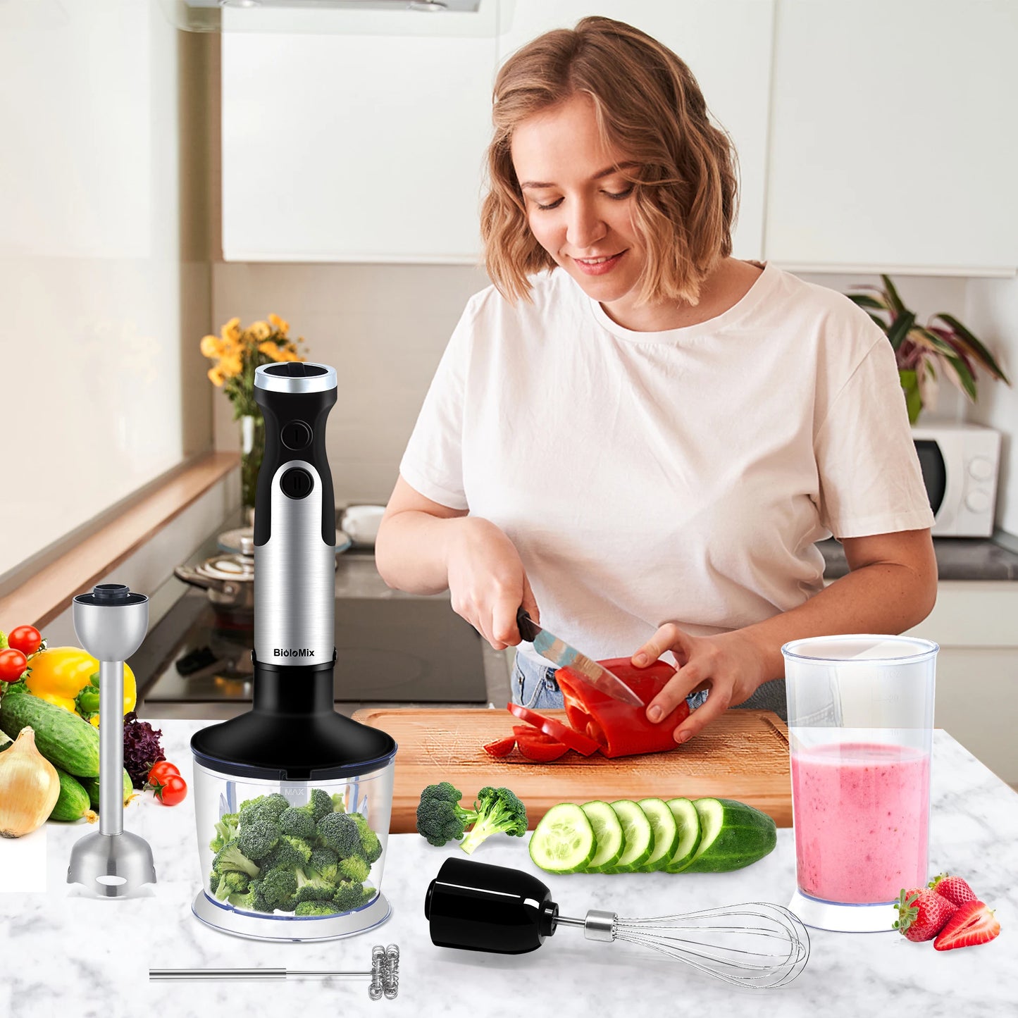 BioloMix 1200W 5-in-1 Immersion Hand Stick Blender Mixer Vegetable Meat Grinder 800ml Chopper Whisk 600ml Smoothie Cup