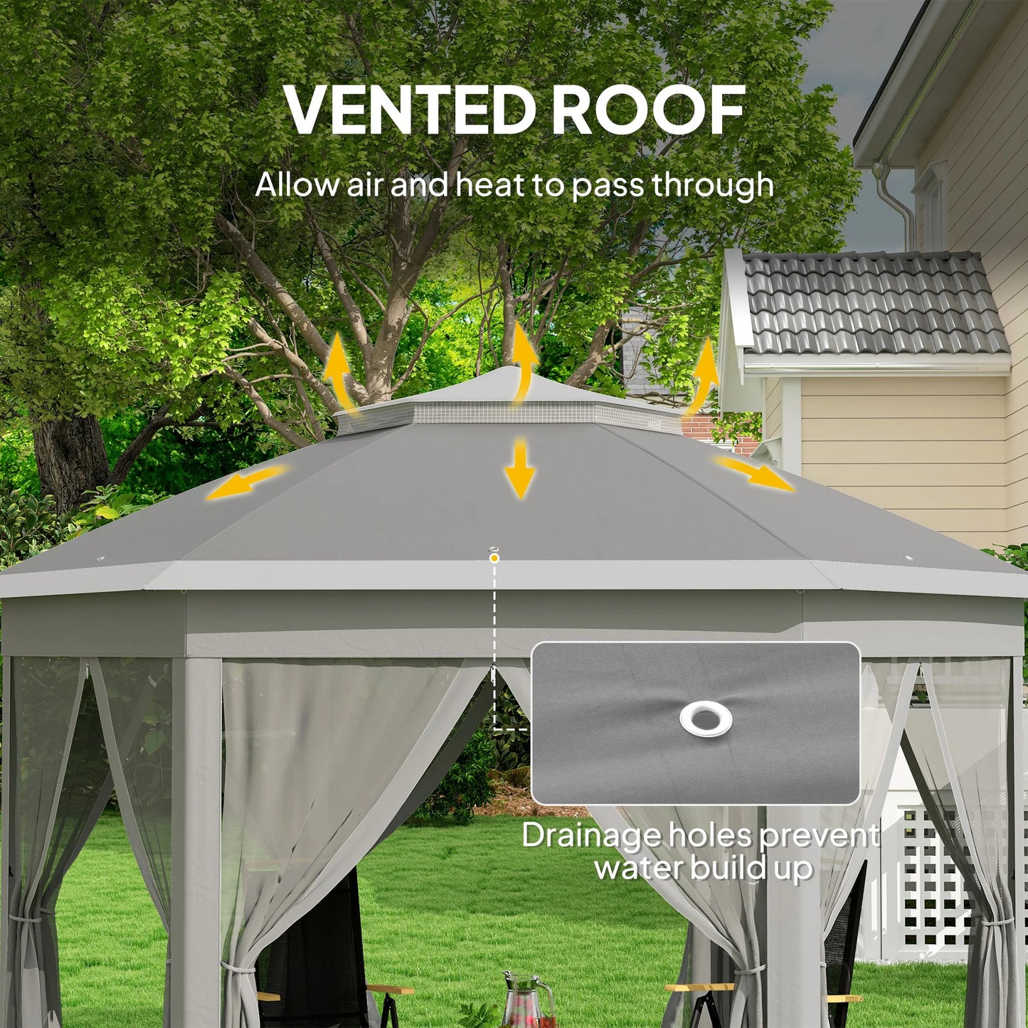Outsunny 3 x 4m Garden Gazebo Hexagon Pop Up Party Tent Canopy Double Roof Instant Shelter with Netting and Carry Bag，Dark Grey