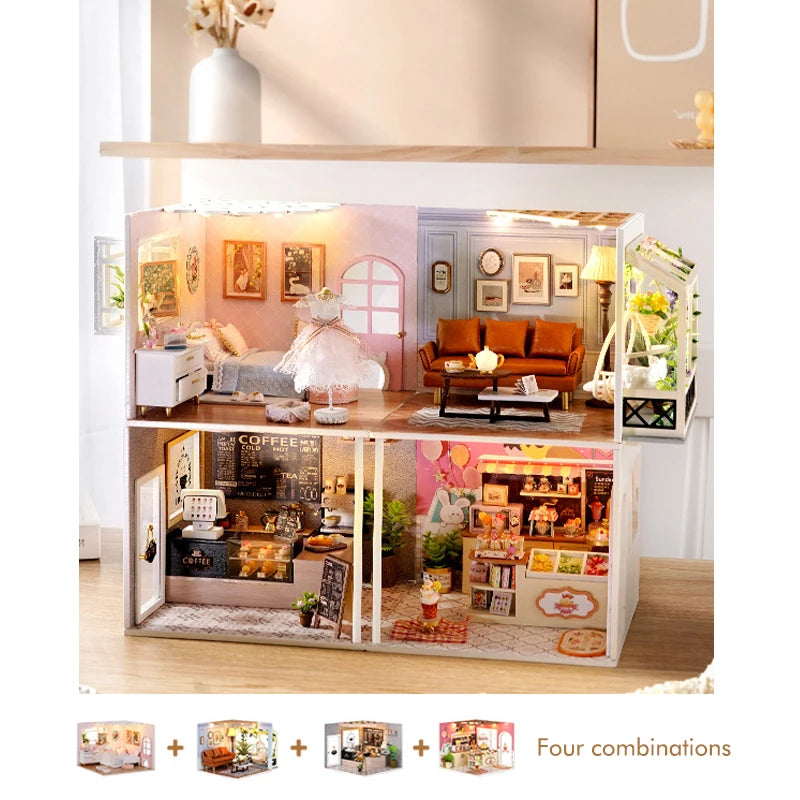 DIY Wooden Miniature Doll House Small House Kit 3D Puzzle Assembly Building Kits With Furniture LED Dollhouse Toys For Gifts