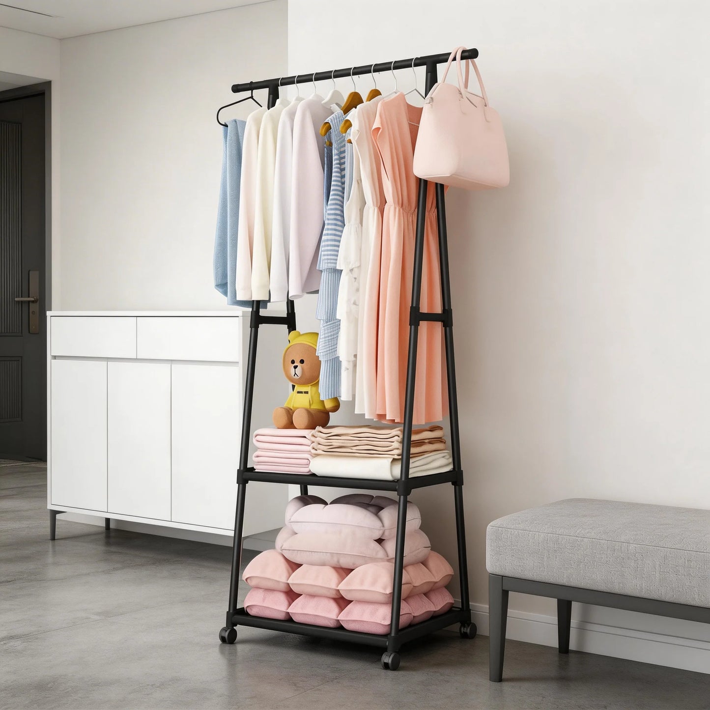 Multifunctional Coat Rack Movable Bedroom Clothes Hanger Stand Simple Coat Storage Shelf Space-saving Clothes Organizer Rack