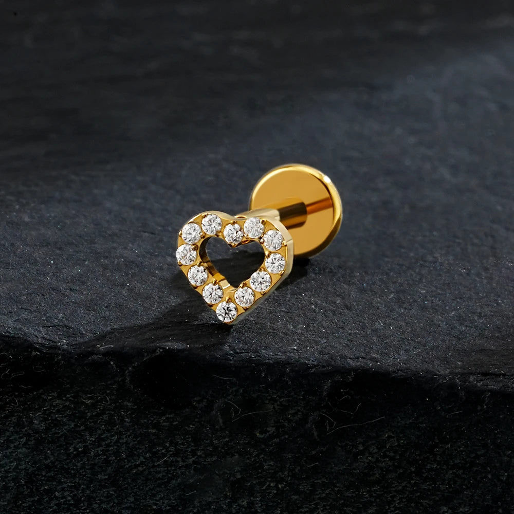 Right Grand ASTM F136 Titanium Mini Heart Cartilage Earring 16G Dainty Flat Back Labret Stud Tragus Helix Piercing Jewelry