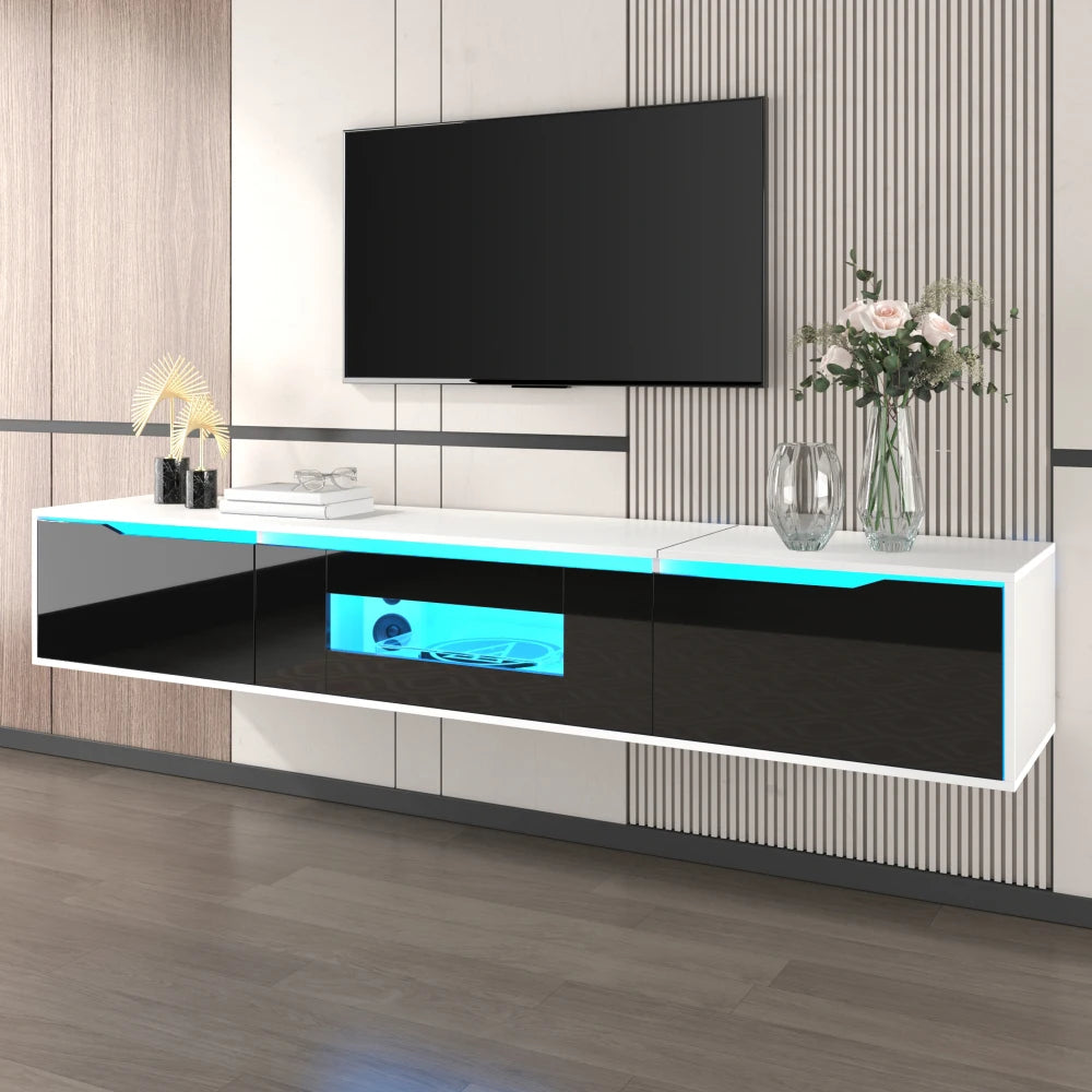 PINGGO TV cabinet, high-gloss TV cabinet, matching colours in white and high-gloss black, with colour-changing LED lights