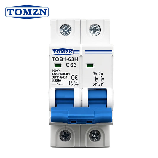 TOMZN 2P AC MCB TOB1-63 C Type 230/400V~ 50Hz/60Hz Mini Circuit Breaker 6A 10A 16A 20A 25A 32A 40A 50A 63A