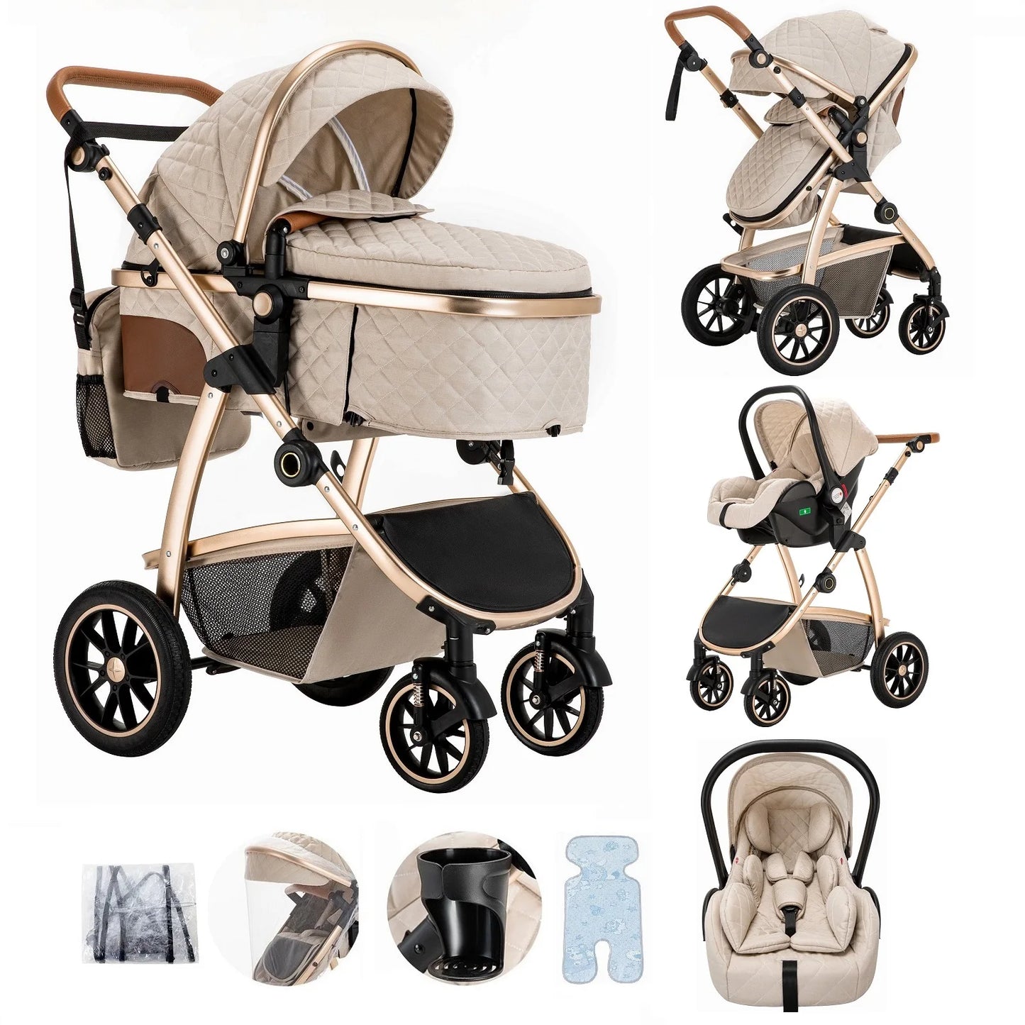 3 in 1 Prams Travel System, Pushchair with Height Adjustable Handle, Travel Pram with Mosquito Net, Baby Stroller with Aluminum