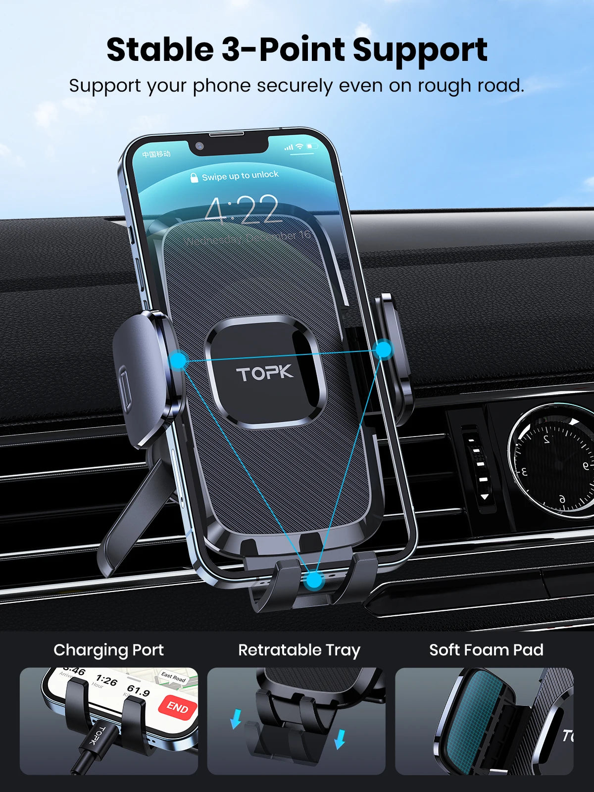 TOPK D35-S Car Phone Holder, Universal Phone Mount for Car with Hook Clip Air Vent Car Mount 360° Rotation for Mobile Phones