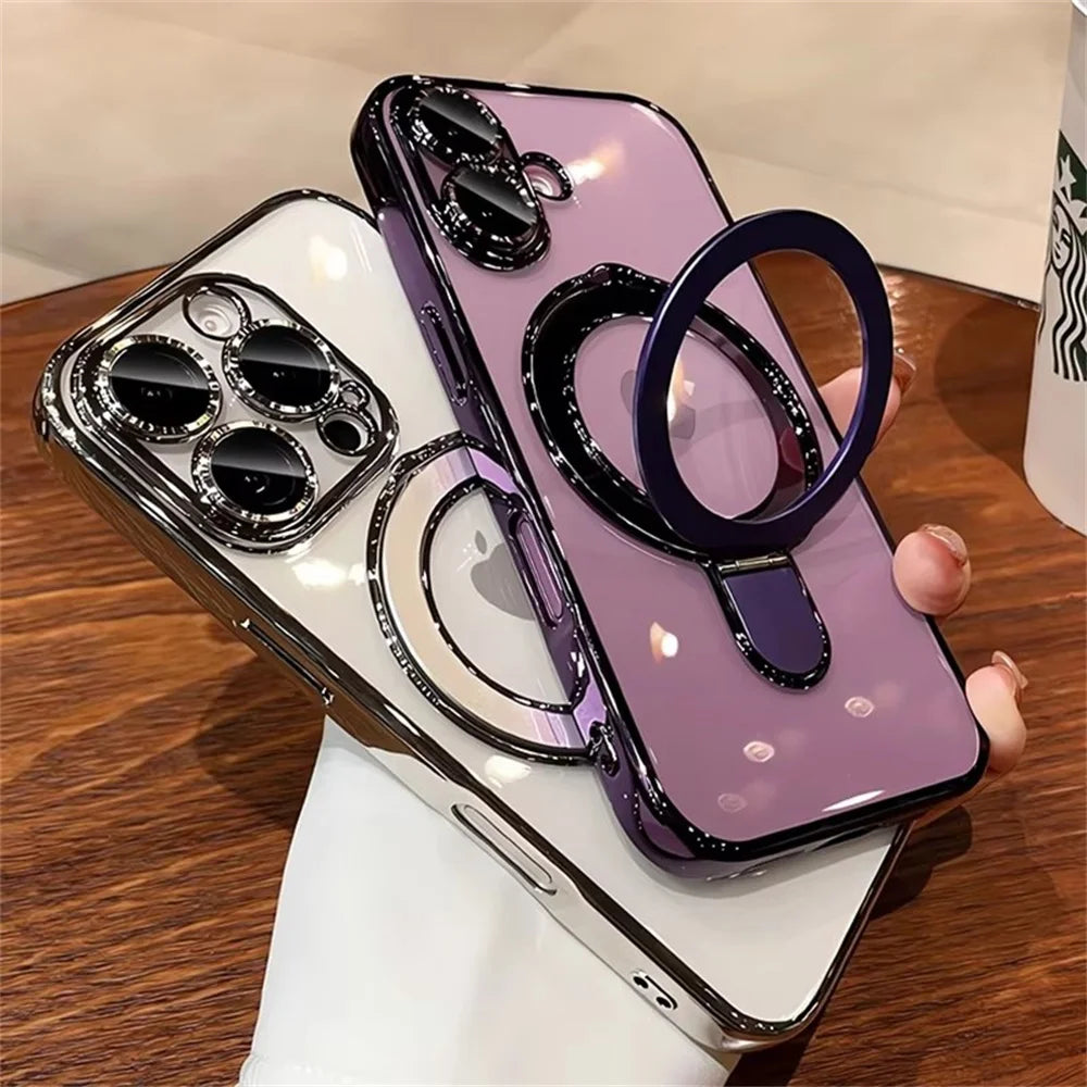 Luxury For Magsafe Bracket Case For iPhone 17 Air 16 Pro 15 14 13 12 11 Pro Max Magnetic Ring Stand Holder Clear Soft Cover