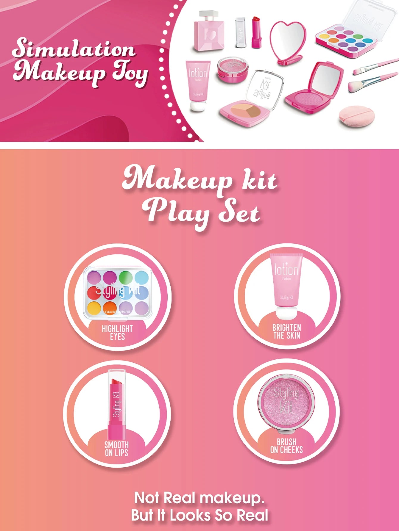 Play Makeup Toys, Simulated Cosmetics Fake Makeup Set Lipstick Powder Blusher Not Real Makeup for Girl Gifts