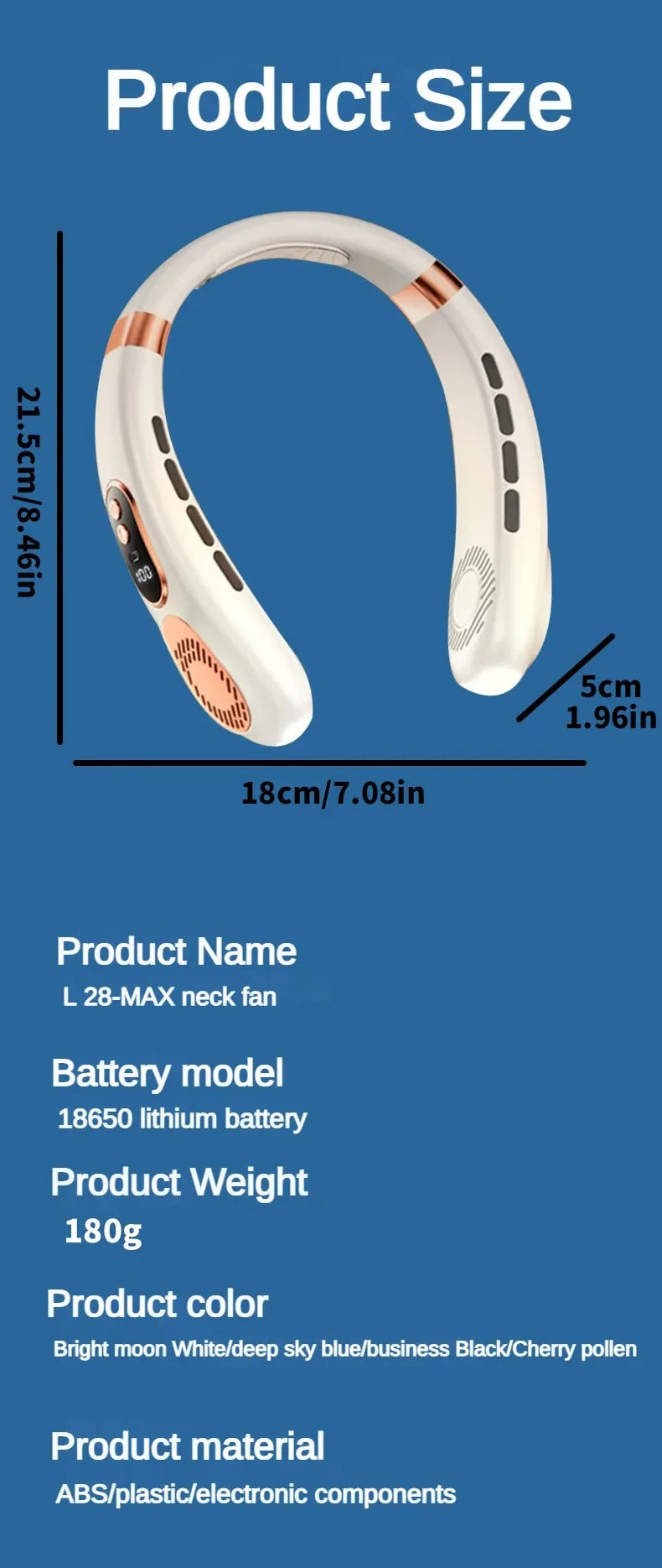 Personal Fan with LED Indicator, USB-C Charging, Long-Lasting 4000mAh Battery, Hands Free Bladeless Fan with 5 Adjustable Speeds