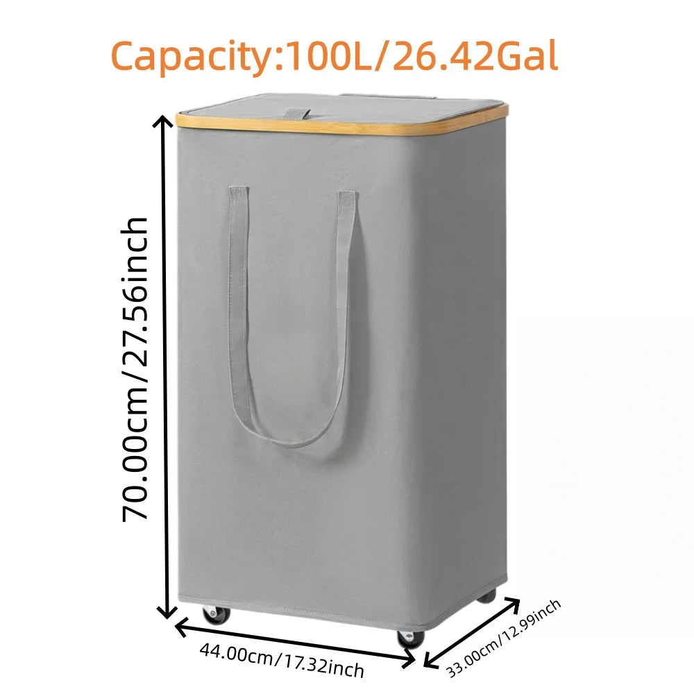 (60L/100L )Large Capacity Foldable Laundry Basket (60L/100L), Rectangular Dirty Clothes Hamper with Wheels, Detachable Liner