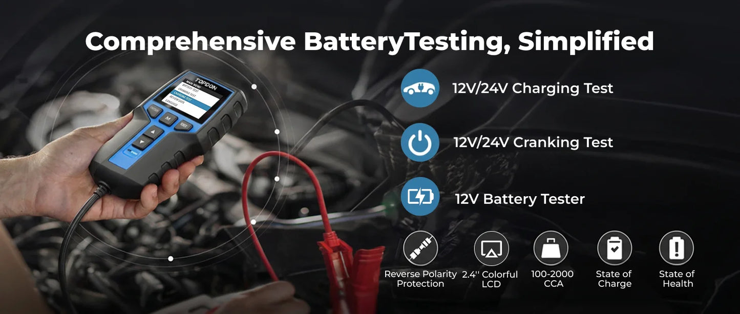 TOPDON BT200 12V Car Battery Tester Digital Automotive Diagnostic Battery Tester Analyzer Vehicle Cranking Charging Scanner Tool