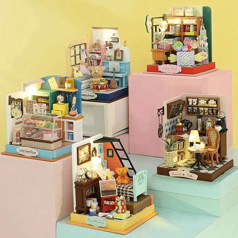 3D Puzzles Wooden Coffee Shop Mini Dollhouse Kit DIY Handmade Assembly Building Dollhouses Toys For Kids Birthday Gifts