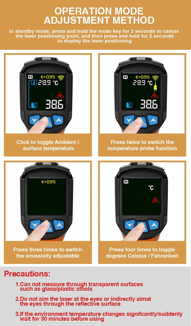 Digital Infrared Thermometer Non-contact Pyrometer Laser Temperature Meter Imager Hygrometer IR Termometro Color LCD Light Alarm