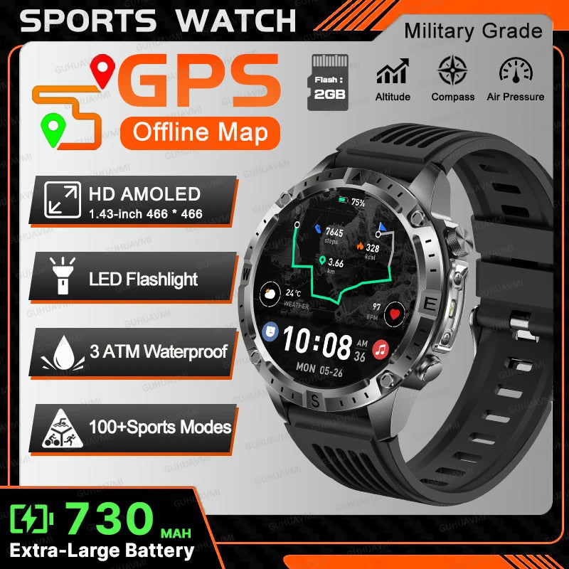 New TANK Military GPS Offline Map Smart Watch 730mAh 3 ATM Waterproof Sports Compass Heart Rate 2GB HD Bluetooth Call SmartWatch