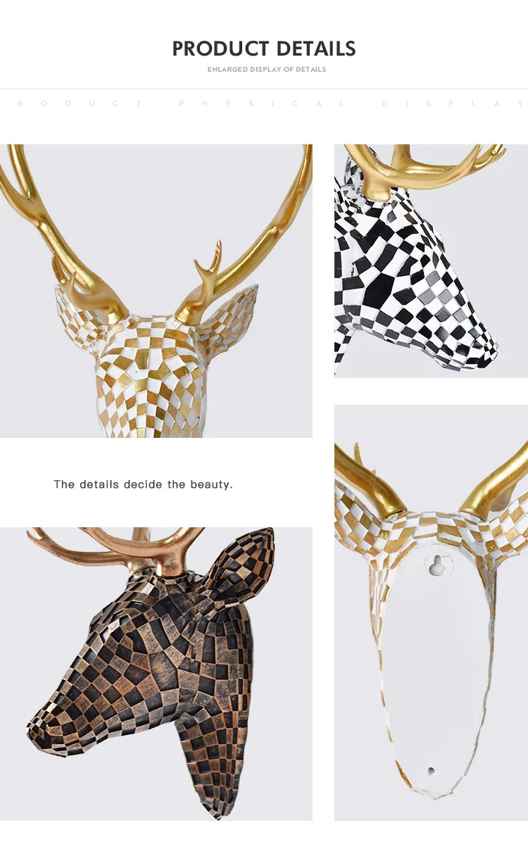 Modern Mosaic Deer Head Wall Decor Resin Art Sculpture 3D Animal Trophy for Living Room Office Bar Cafe Wall Hanging Decoration