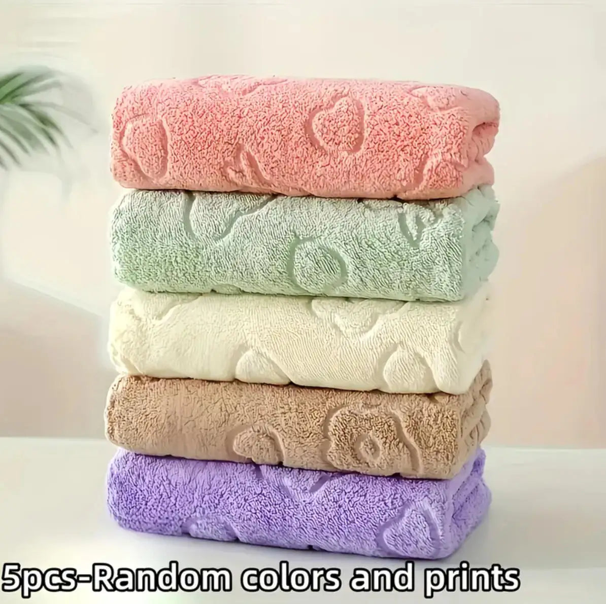 5-Piece Set Soft Absorbent Coral Fleece Quick-Drying Bathroom Towels Cute Fun Design Face Towels for Home