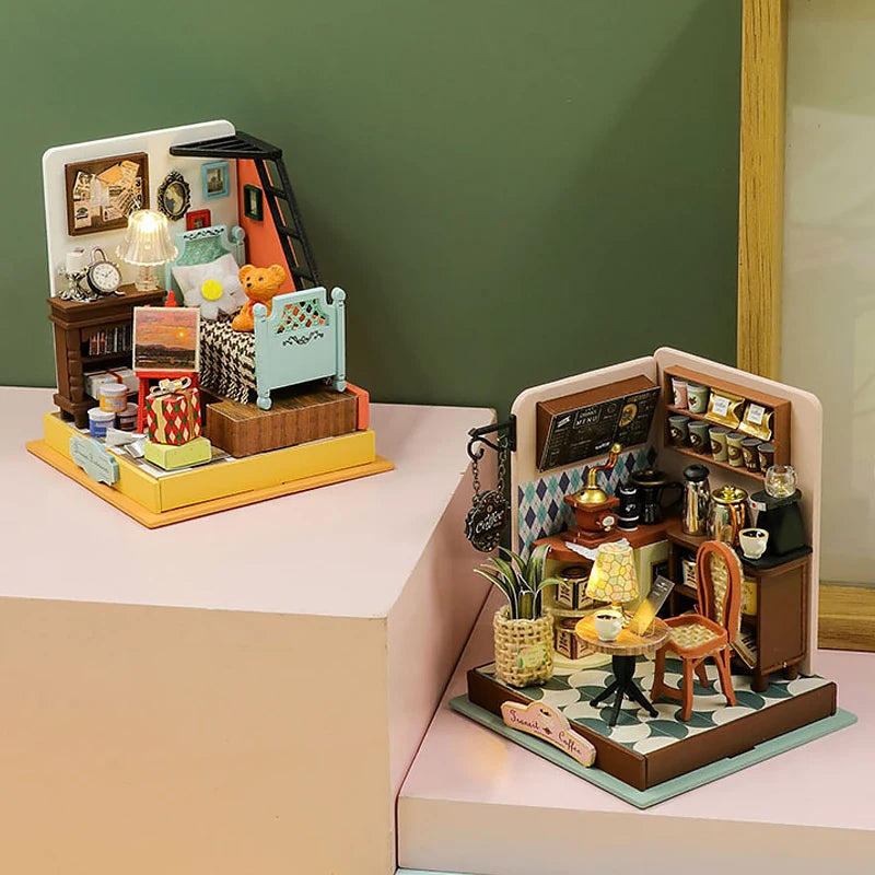 3D Puzzles Wooden Coffee Shop Mini Dollhouse Kit DIY Handmade Assembly Building Dollhouses Toys For Kids Birthday Gifts