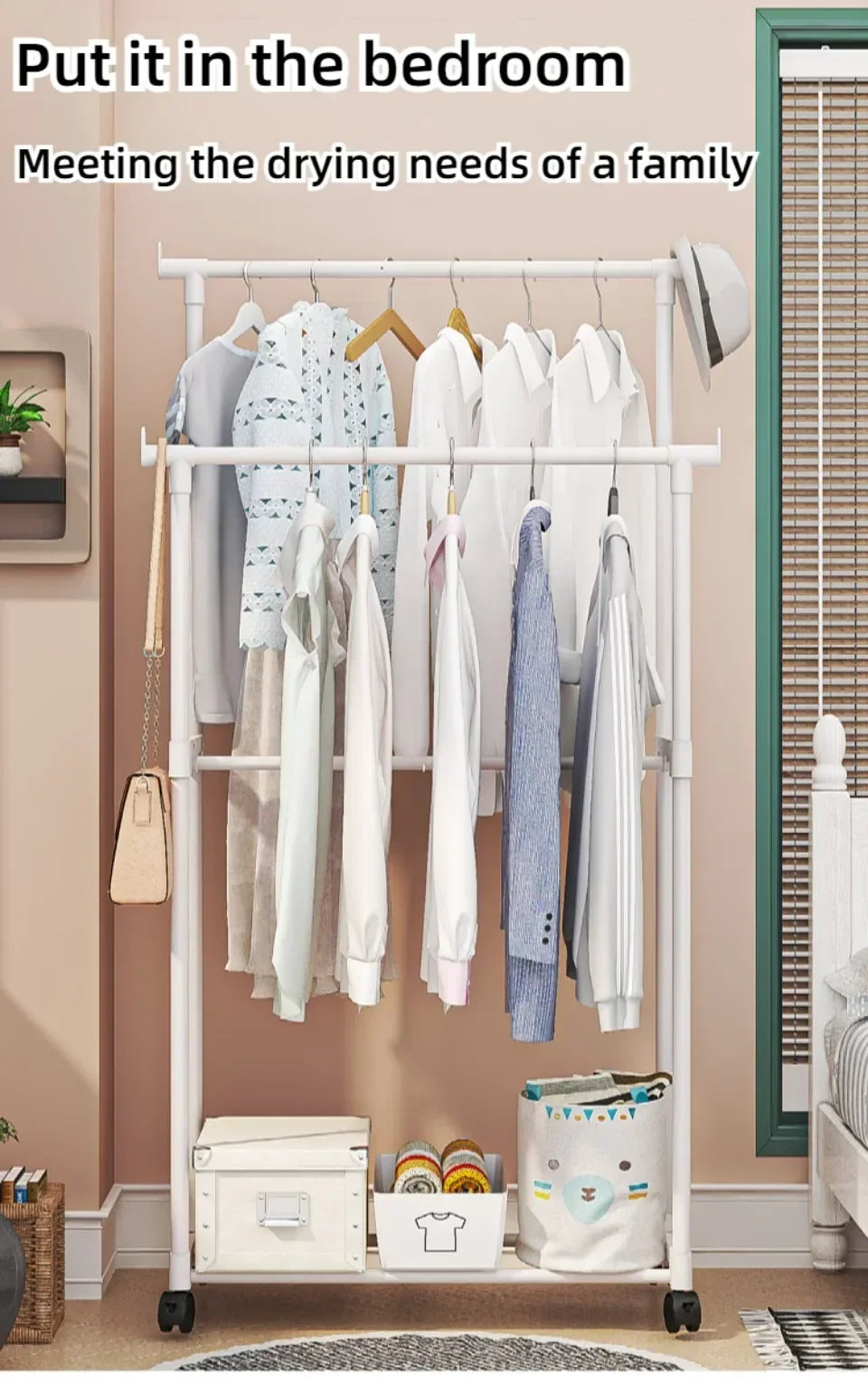 Standing Clothes Hanger Movable Simple Clothing Shelf Bedroom Storage Rack Assembled Closet Organizer Double Rod Coat Rack Floor