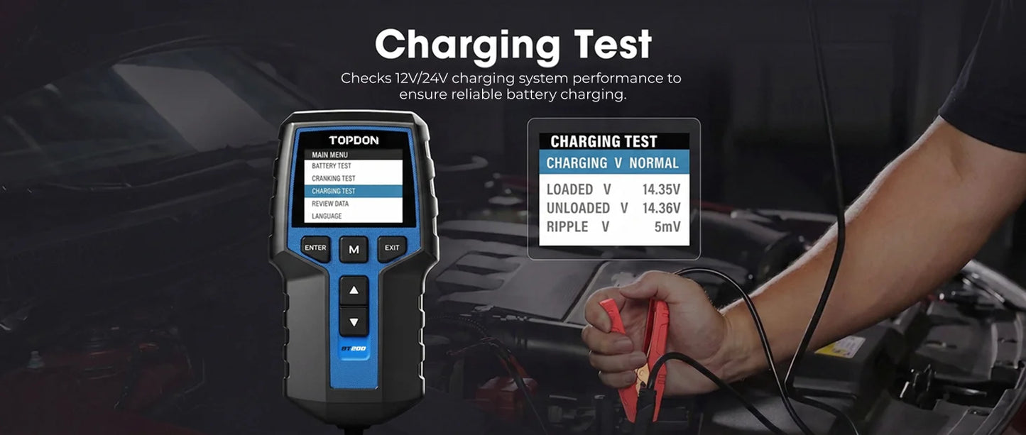 TOPDON BT200 12V Car Battery Tester Digital Automotive Diagnostic Battery Tester Analyzer Vehicle Cranking Charging Scanner Tool