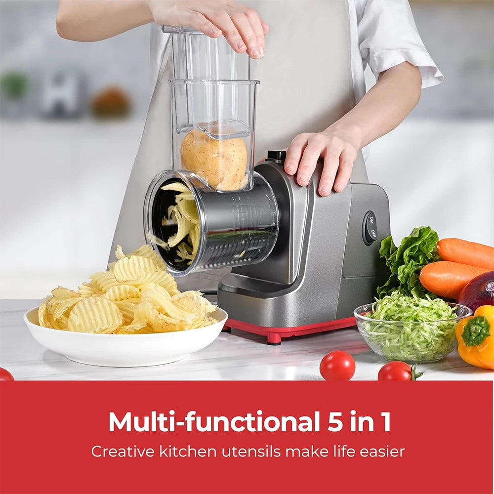 LMETJMA 250W 5 in 1 Electric Vegetable Slicer Shredder Automatic Salad Shooter Machine Cheese Grater Carrot Cabbage Cutter JT253