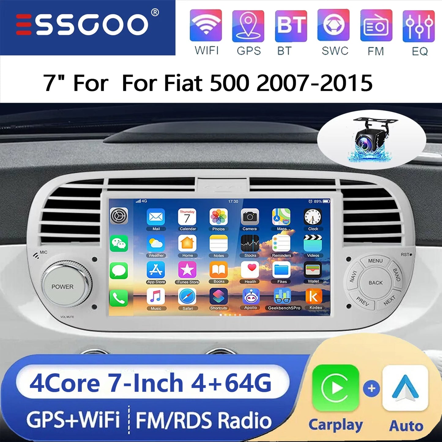ESSGOO 7" 4+64G Android 15 For Fiat 500 2007-2015 Car Stereo Radio Wireless Carplay Android Auto GPS Navigation Bluetooth FM SWC Wifi RDS ASP IPS Touchscreen Mirror Link Multimedia Video Player