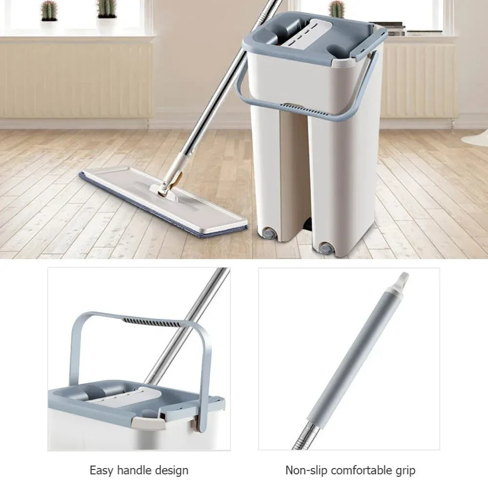 Flat Squeeze Mop with Bucket Easy Wring Multi Purpose Floor Cleaning Wet Dry Use Microfiber Pad for Hardwood and Laminate