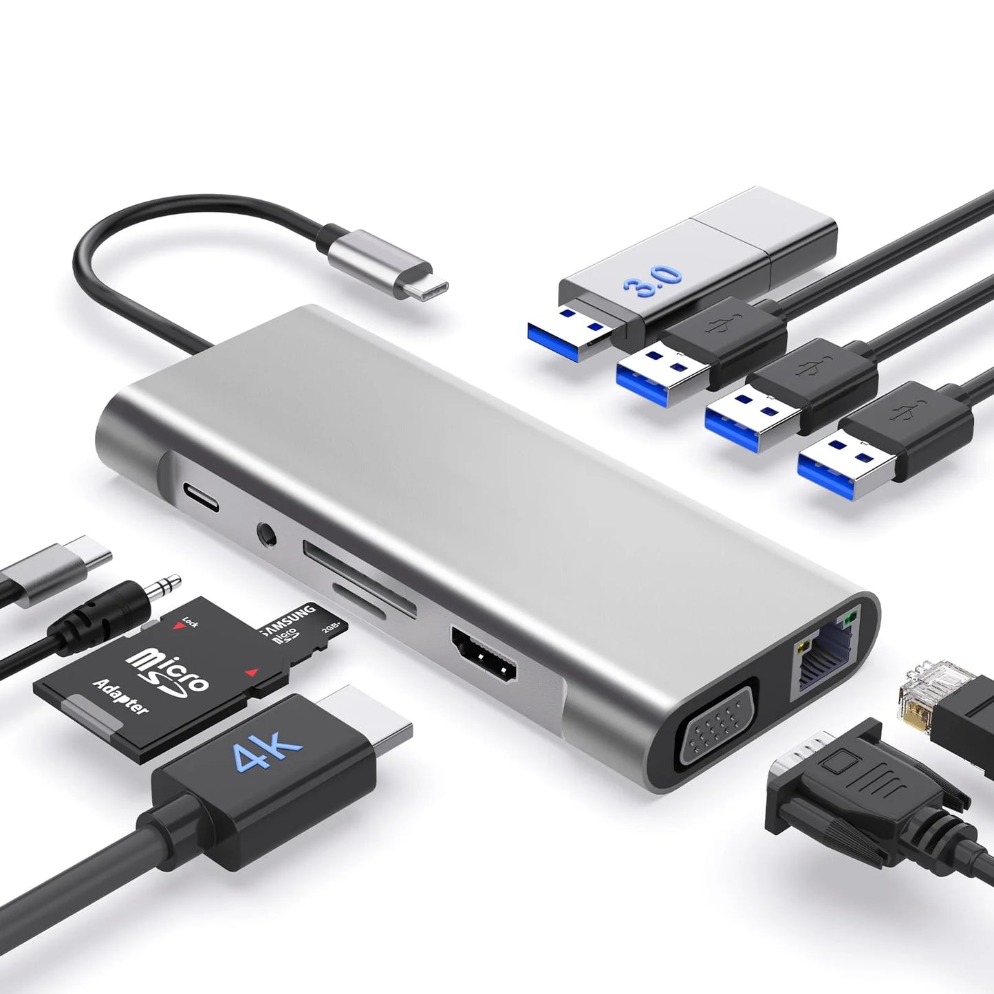11-in-1 USB C Hub Multiport Adapter USB C Docking Station with 4K HDMI-compatible,VGA 1080P,100W PD, Ethernet,SD/TF,Audio,USB-A