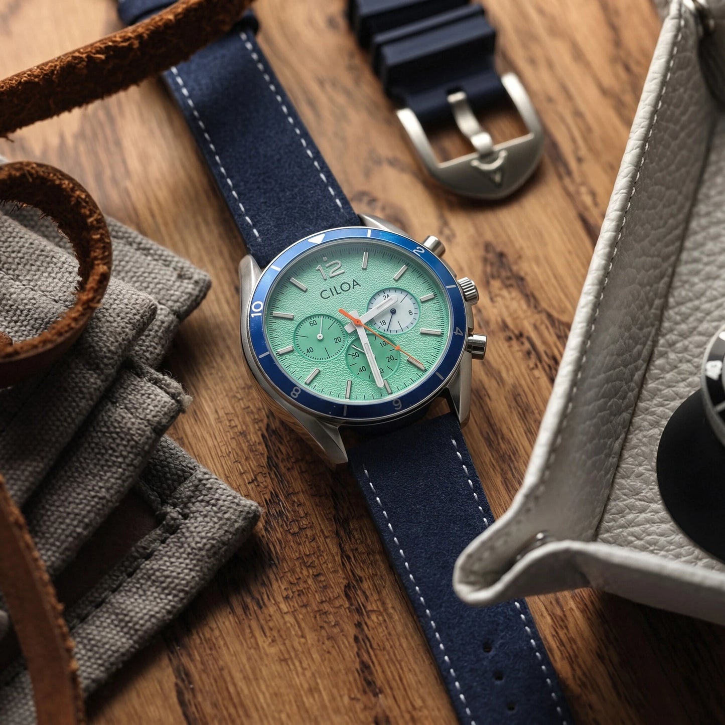 CILOA Men's Chronograph Watch Mint Green Dial with Blue Bezel Blue Suede Leather Strap Sport Casual Quartz Wristwatch