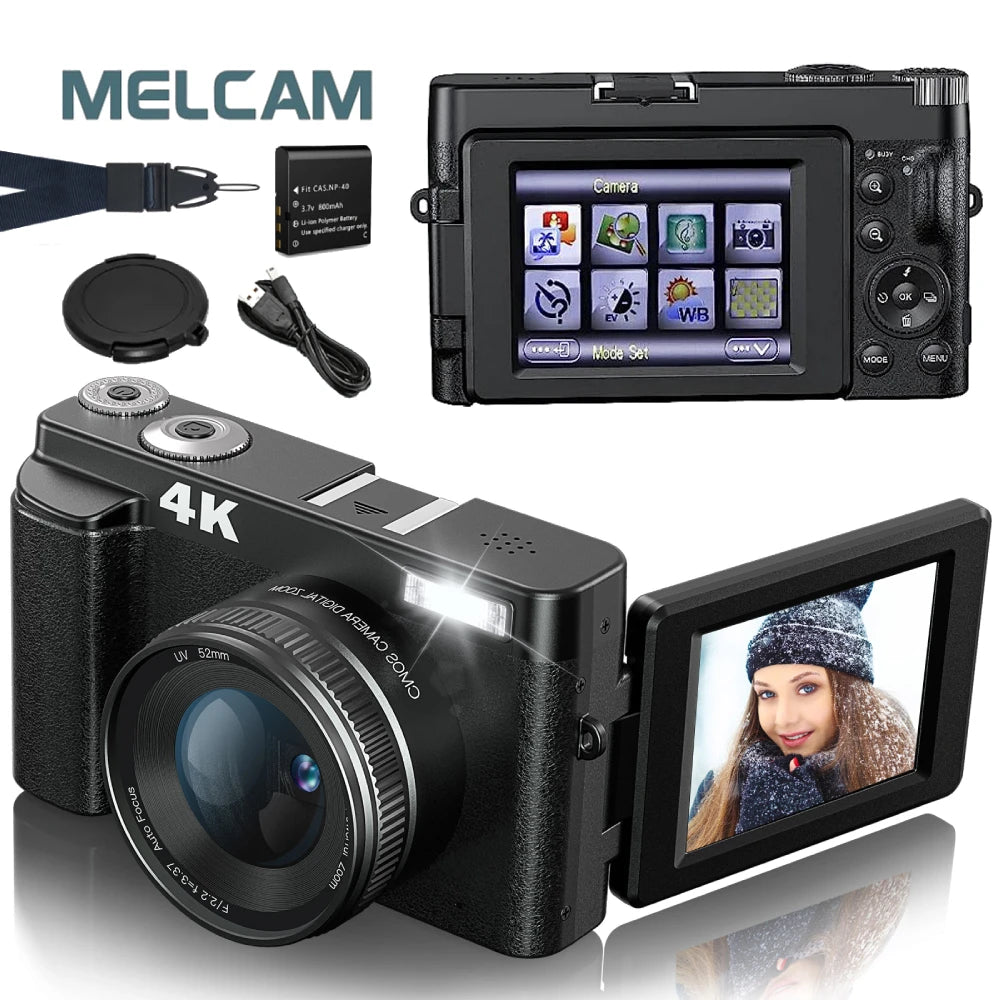 4K Digital Camera for Photography and Video Autofocus Anti-Shake 48MP Compact Vlogging Camera 3'' 180° Flip Screen with Flash