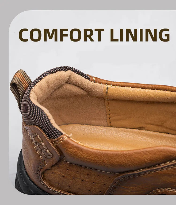 CLOHOOMen's Casual Loafers Handmade Breathable Leather Shoes with Thick Rubber Sole Comfortable Footwear Classic Hand Sewn Seams