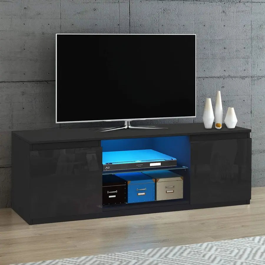 LED TV Unit Cabinet Stand for 55 Inch TV, Modern High Gloss TV Cabinet with RGB LED Lights, 2 Door Storage Sideboard Entertainm