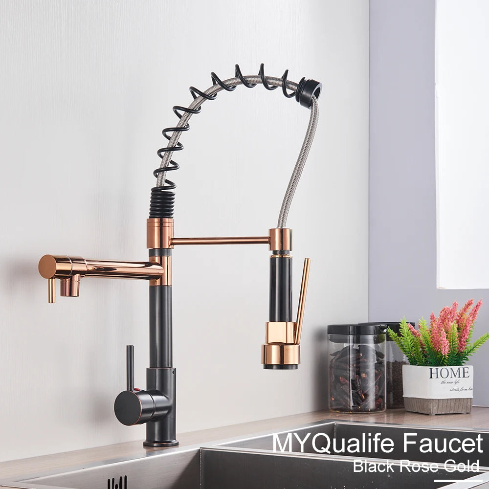 Black Pull Down Brass Kitchen Sink Faucet Hot Cold Water Mixer Crane Tap with Dual Spout 360 Rotation High Faucet Deck Mounted