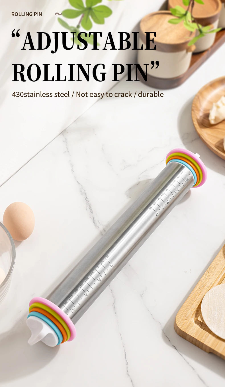 13.78 Inch Stainless Steel Adjustable Rolling Pin with 4 Thickness Removable Rings Dough Roller for Pizza Cookie Baking Tools