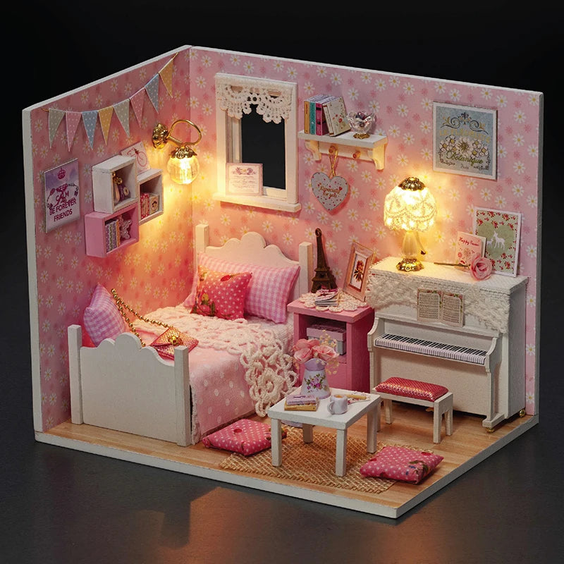Wooden Mini Doll House Assembled Model Building Small House Kit 3D Puzzle Toys Bedroom Decoration With Furniture Gifts Dollhouse