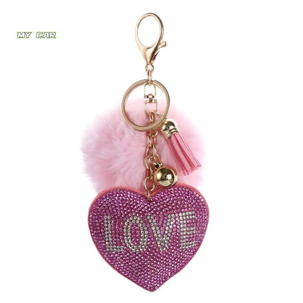 Fashion for Women's Bags Girls Ornaments Packaging Decoration Pompom Keychains Rhinestone Heart Bag Pendant Rhinestone Keyrings
